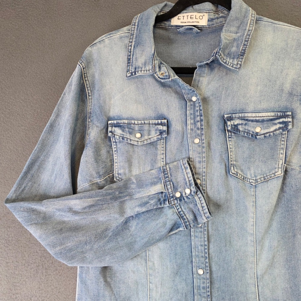 ETTELO Denim Collection Light Blue Long Sleeve Pearl Snap Shirt XL Western Top